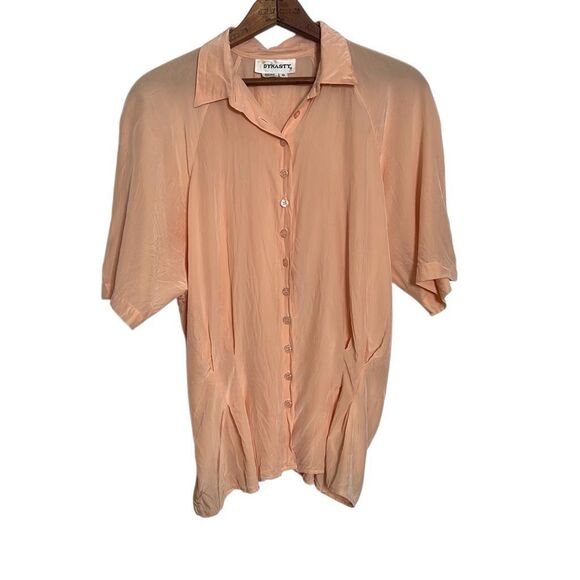 Dynasty 100% Silk Button Front Pleated Short Sleeve Blouse Top Peach Size 12 - Picture 1 of 6